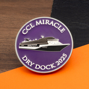 Circular purple challenge coin featuring a cruise ship illustration and the text CCL Miracle Dry Dock 2025.