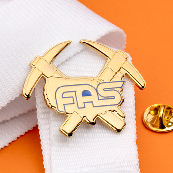 Gold lapel pin shaped like crossed picks behind the US outline with FAS text.